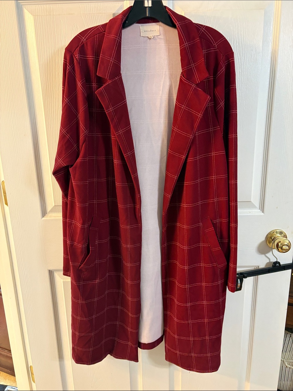 MELLODAY Red Windowpane Longline Open-Front Blazer